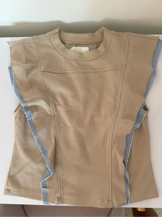 Anthropologie Tops - Anthropologie Tan Ribbed Tank with Blue-Striped Ruffle Trim